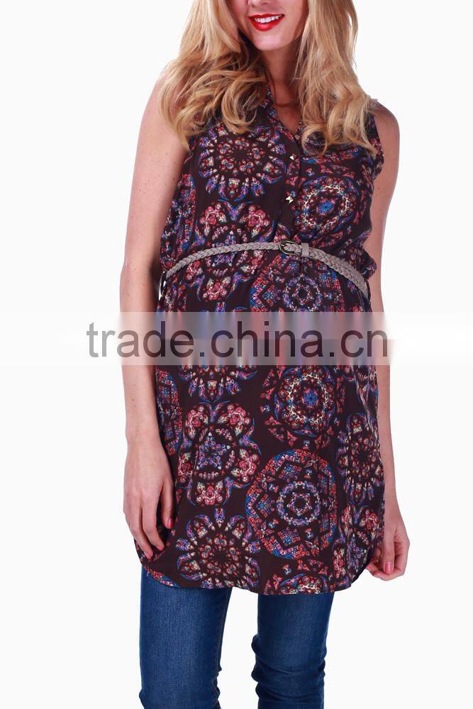 BROWN PAISLEY PRINT BELTED MATERNITY/ NURSING TUNIC