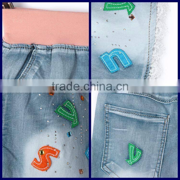 Fashionable design newest style colorful stutched letters lace hem 100 cotton blue cheap jeans for kids