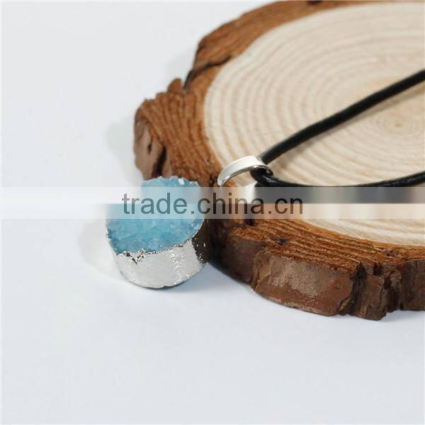 New Fashion Natural Quartz Crystal Druzy /Drusy Necklace Black Cord Silver Tone Blue Round Pendant 44.8cm long