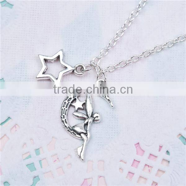 New Fashion Necklace Link Cable Chain Antique Silver Fairy Moon Star Pendants 51.6cm long