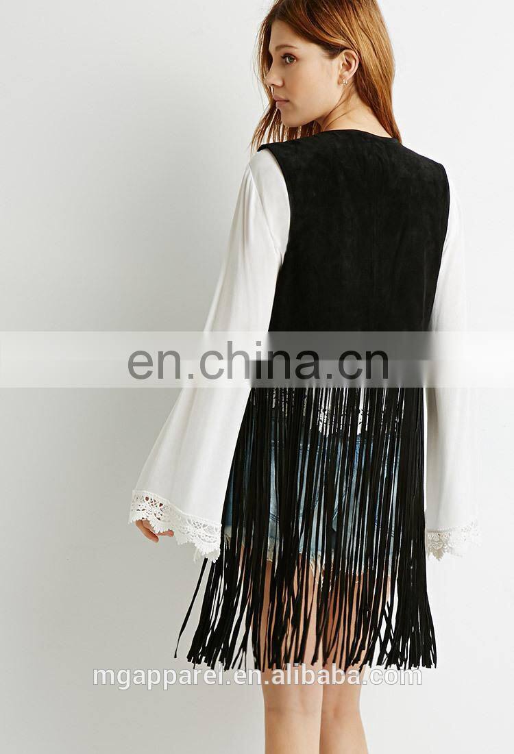 Fashion fully lined black ladies suede leather vest with longline fringe