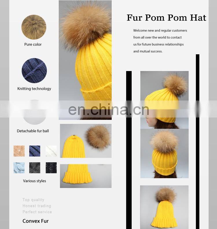High quality winter lady hats for fashion genuine fur pompon beanie hats