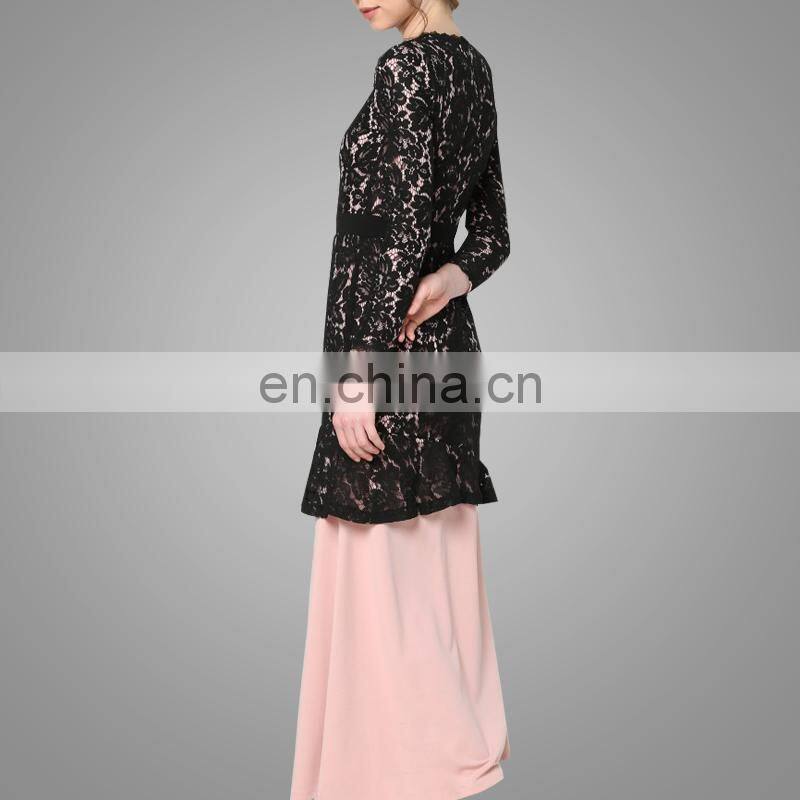 Lace Technics And Polyester Fabric Muslim Abaya Beautiful Ladies Long Dress Elegant Baju Kurung Designs Arabic Clothing