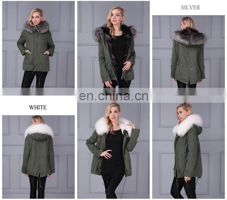 Women hooded pink real fox fur parka with army green shell material