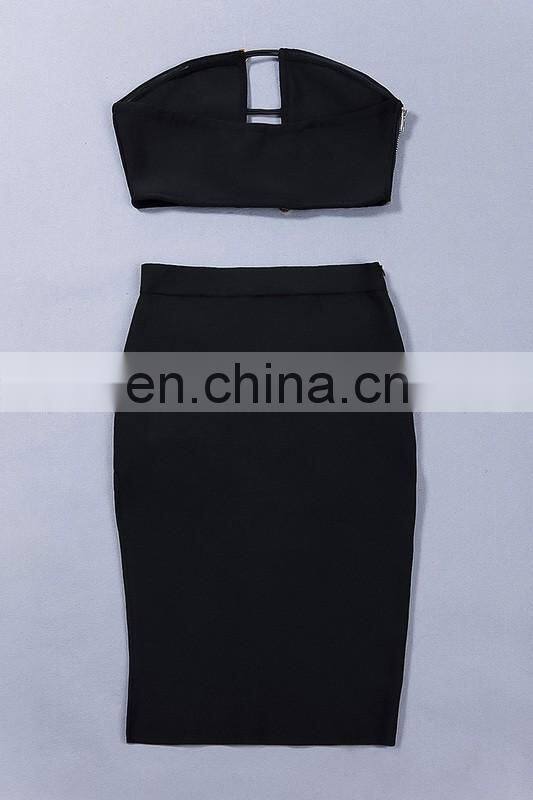 Amigo 2017 Women Black 2 Piece Bandage Bodycon Dress Celebrity Sexy Clubwear Split Cutout Long Dresses