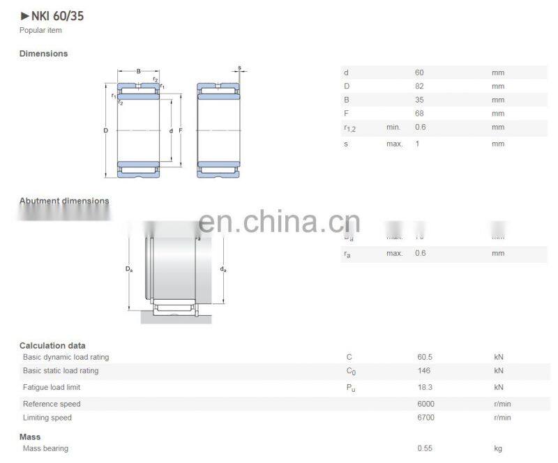 Sales promotion genuine SKF IKO NKI 60/35 NKI Style Standard Needle Roller Bearings 60*82*35mm