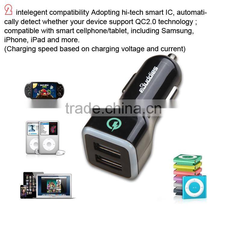36 Watt Qualcomm Certified Quick Charge 3.0 Dual USB Car Charger with Quick Charge 2.0 Technology for Samsung S6 Edge Note 5