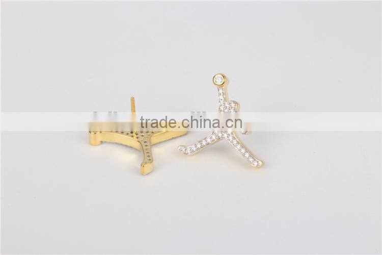 2016 Fashion hip pop jewelry men white zircon 925 silver yellow gold platedstud earring