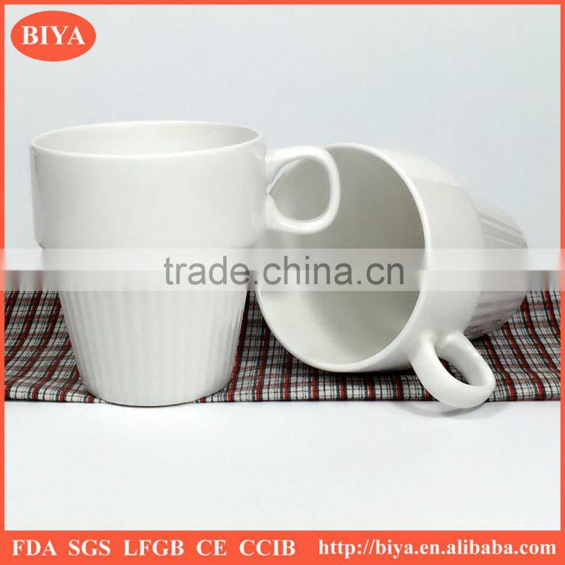 porcelain cup hot selling fancy white porcelain round stacked coffee stripe cup with handle tea and milk mug