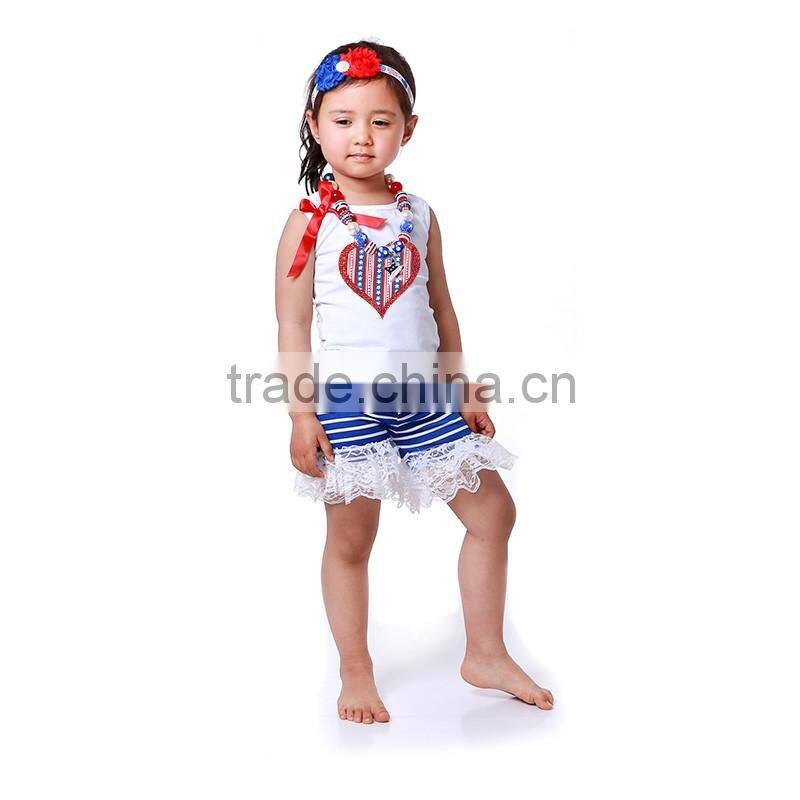 4th of July Baby Outfit Independence Day White Tank Top Lace Ruffle Short Girls S