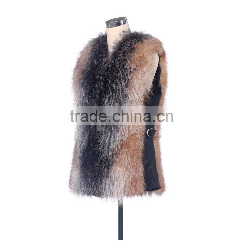 QD30559 Women Winter Mid-long Genuine Ombre Color Raccoon Fur Vest with Sheep Skin