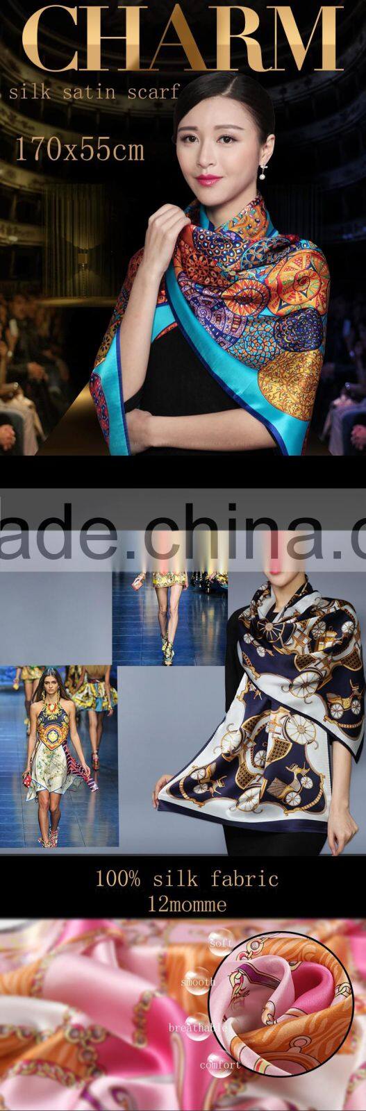 magnificent turkish european style digital printed hangzhou silk satin scarf ,long silk shawl lady china manufacturer wholesale