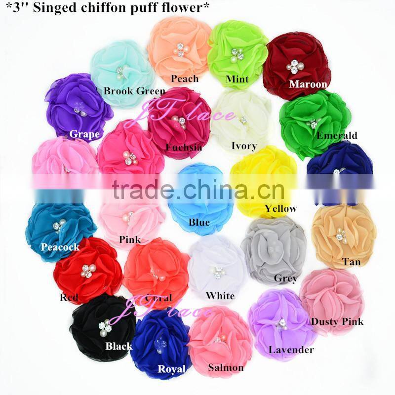 Lavender/hot pink/aqua/red fabric flower - shabby flower with 2 small pearl and 2 small rhinestone centre