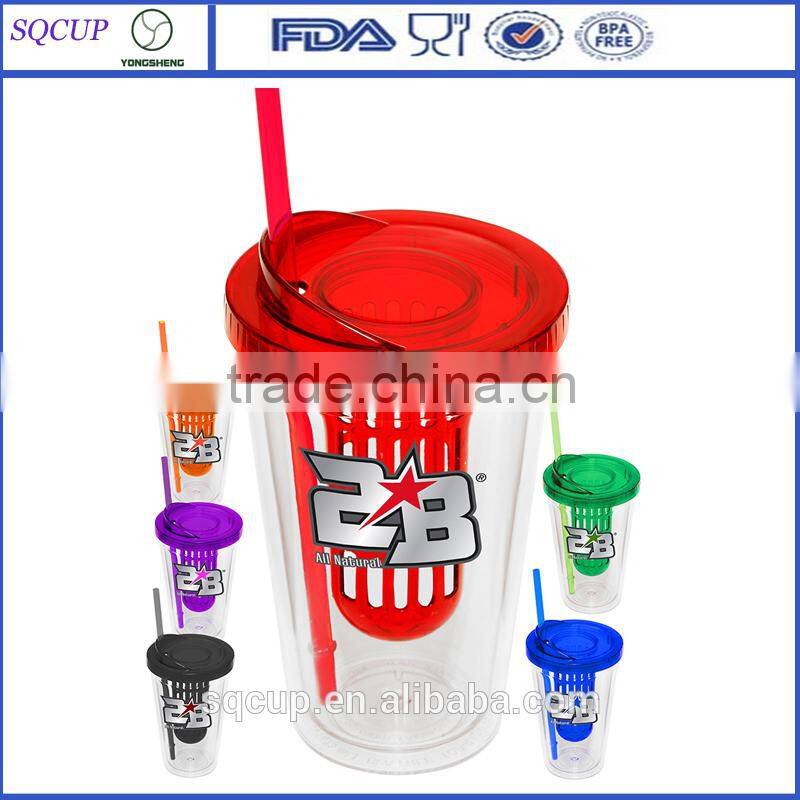 2015 new style double wall plastic fruit infusing mug with straw