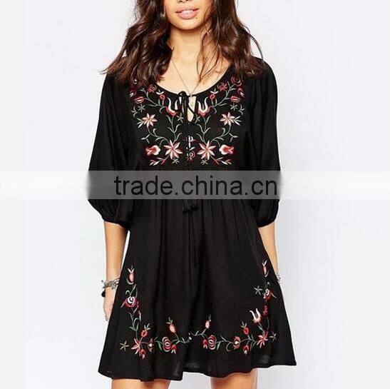 2016 Summer Women Ethnic Embroidery Half Sleeve African T- shirt Dress