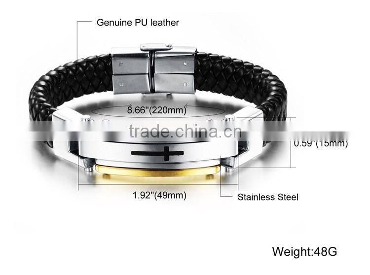 Fashion Solid Stainless Steel Cross Braide Leather Bangle Bracelet Men Jewelry