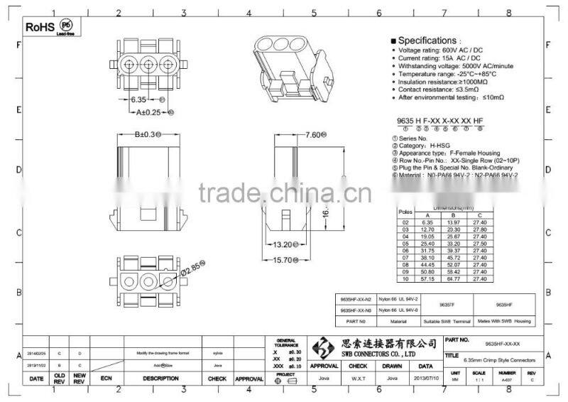 6.35 MM Pitch wire to board electrical connectors with buckle