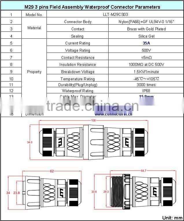 35A high voltage watertight male and female electrical connector
