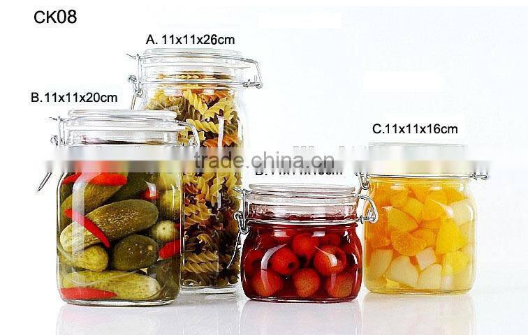 Square airtight glass food use jar with clamp lid