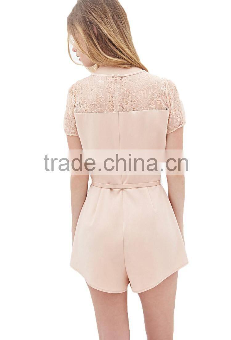 Pink wrinkled round neckline short sleeve belt waist short jumpsuit
