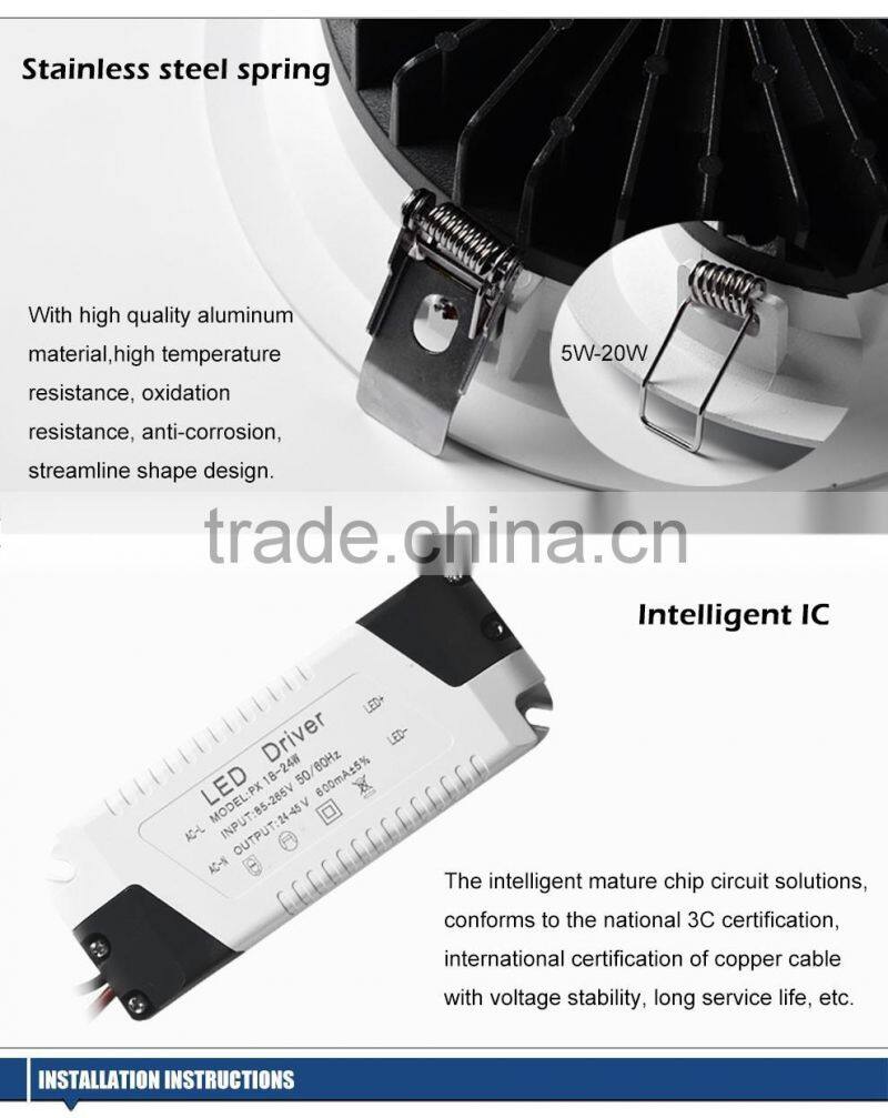 6500k cool white color COB led recessed adjustable downlight