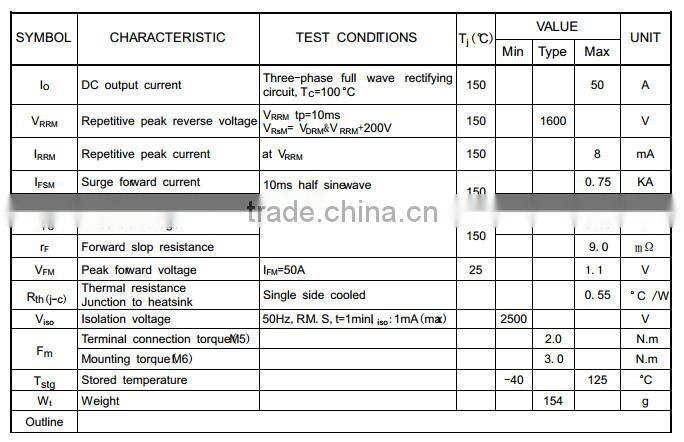 MDS50A three phase rectifier bridge module