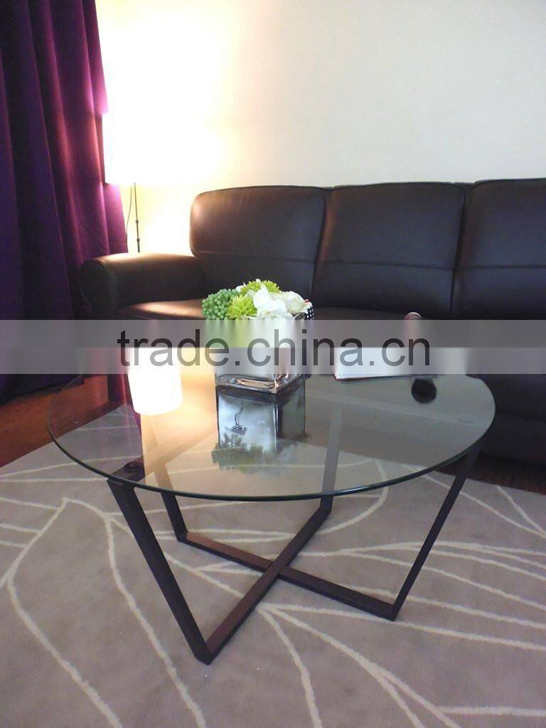 Made in China metal type living room furniture round shape glass top table with folding metal frames