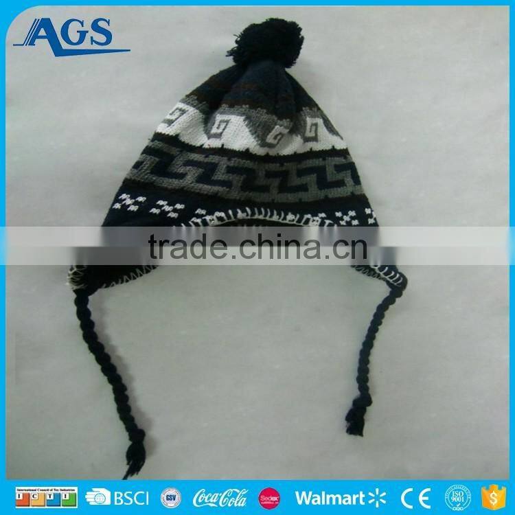 popular winter crochet hat knitted beanies with Strings and Ball on Top