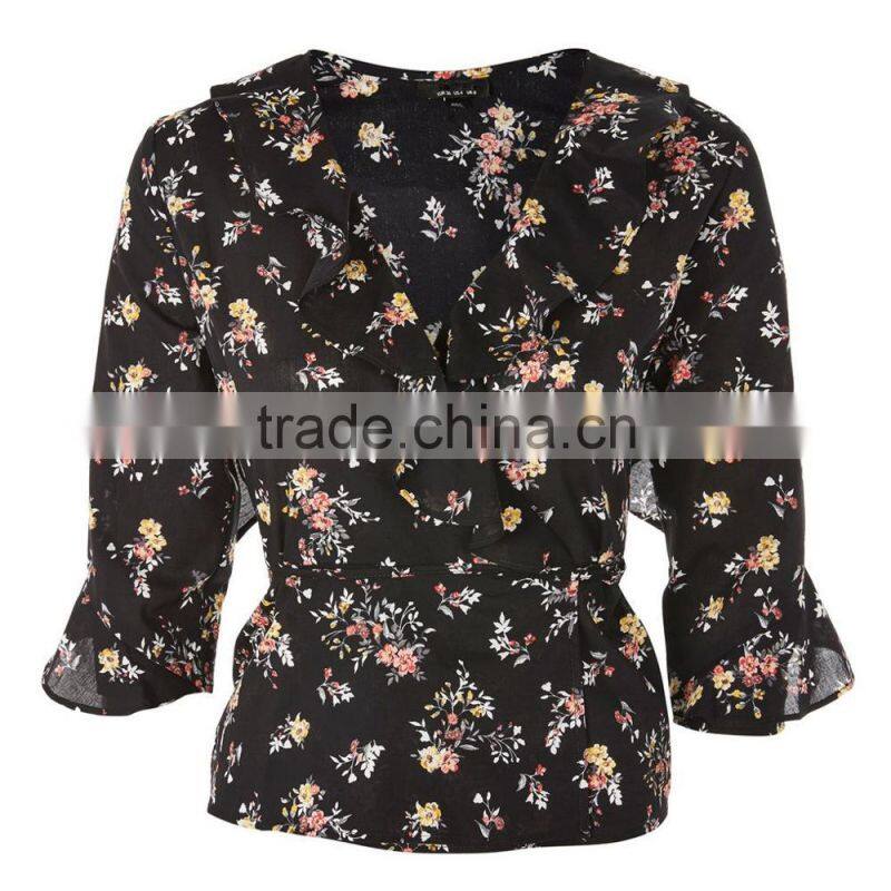 Ruffle Cuffs V-Neckline Flower Print Ruffle Wrap Top Ladies Tops Latest Design