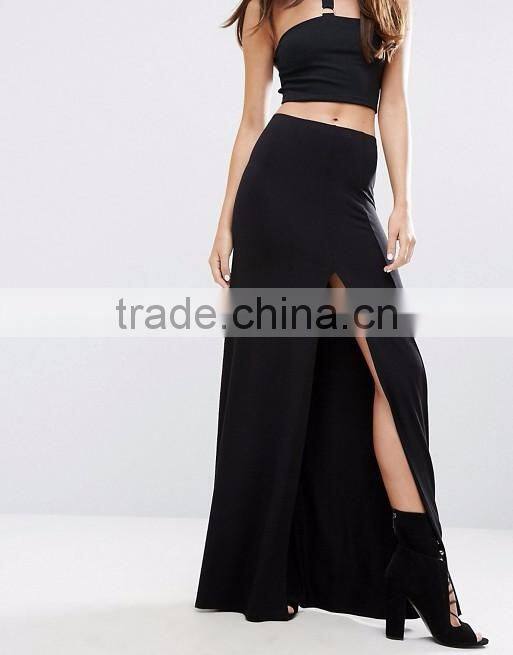 Ladies fashion clothing black color thigh split long maxi skirt