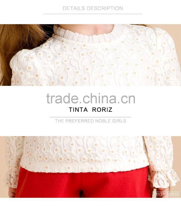 Girls fashion new design lace top long sleeve shirt for Autunm kids clothing wholesaler 100% cotton lining