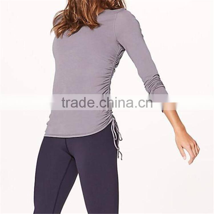 Women grid shirt with long sleeve with side ruffle tshirts