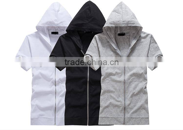 hot sale custom cotton/spandex men's short sleeve black hoodie