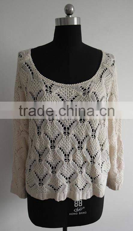 2014 ladies fashion round neck white pullover sweater