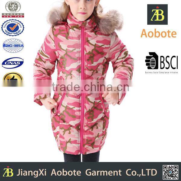 2015 New Design Little Girls' Camouflage Down Jacket With Fur Hoody