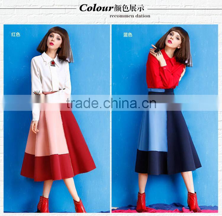 2015 winter hot sale womens A-Line High Waist patchwork long skirt