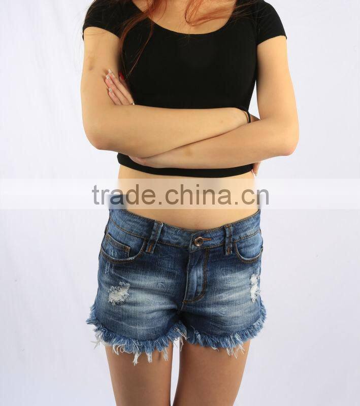 S1568 Sexy Hot Girls Dark Wash Flared Ripped Denim mini Shorts with bottom hem fringes pants
