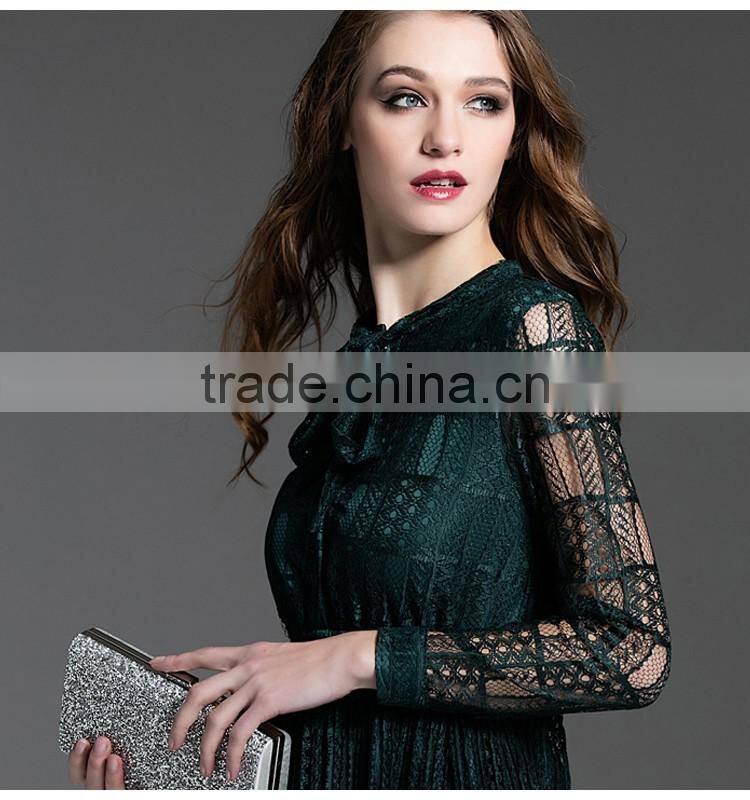 Ladies maroon dark green hollowed lace 100% polyester dress