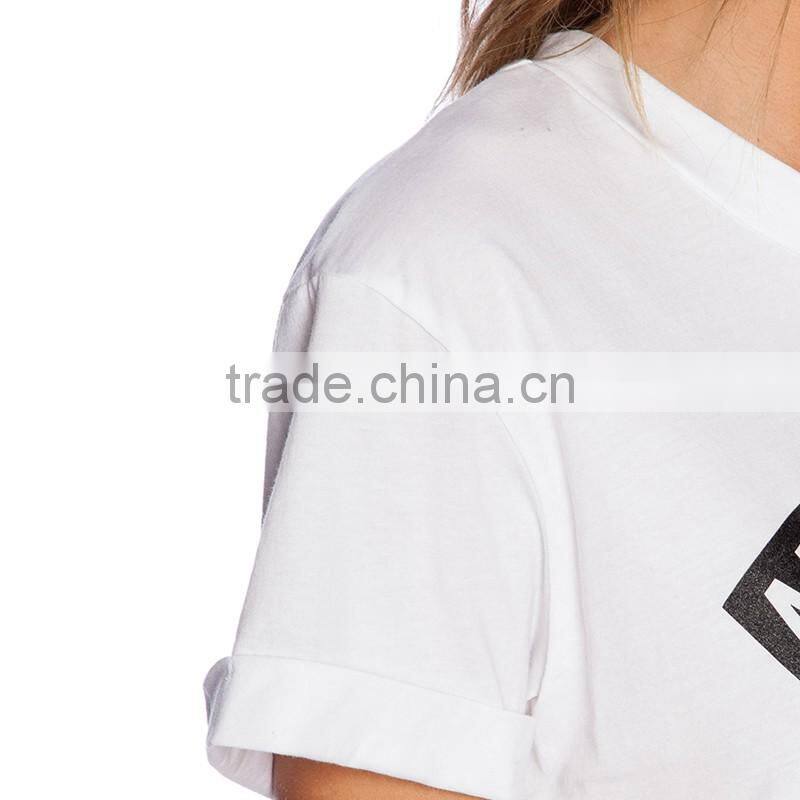 Ladies wholesale WIFI rubber print t shirt with Roll up sleeves