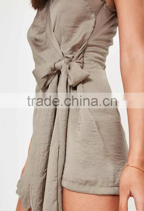 2017 new taupe sleeveless knot front wrap silky women shirt playsuit
