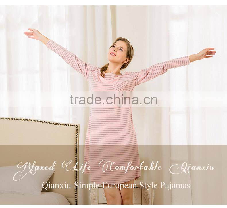 Best Price Qianxiu Ladies Long Sleeve Striped Images Sex Night Dress for Women