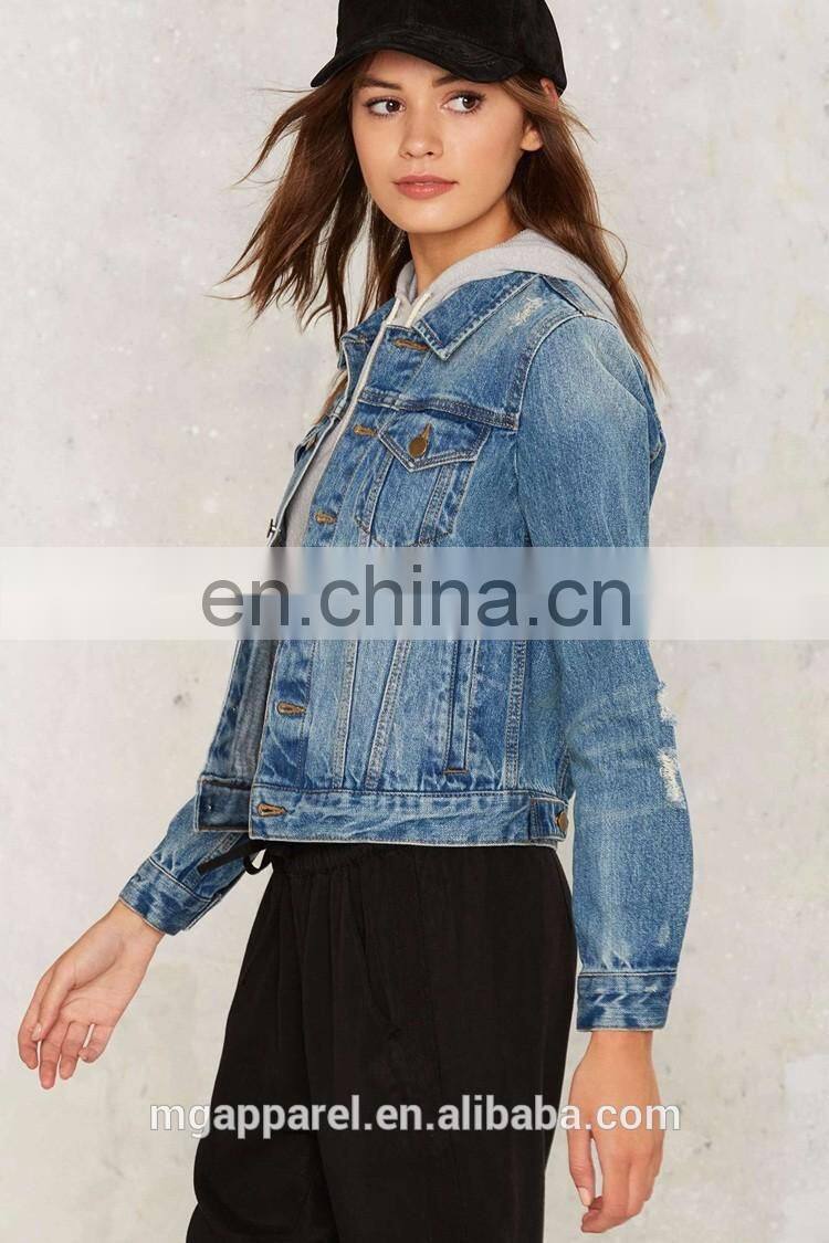 China custom jacket in new model distressed embroidered denim jacket women