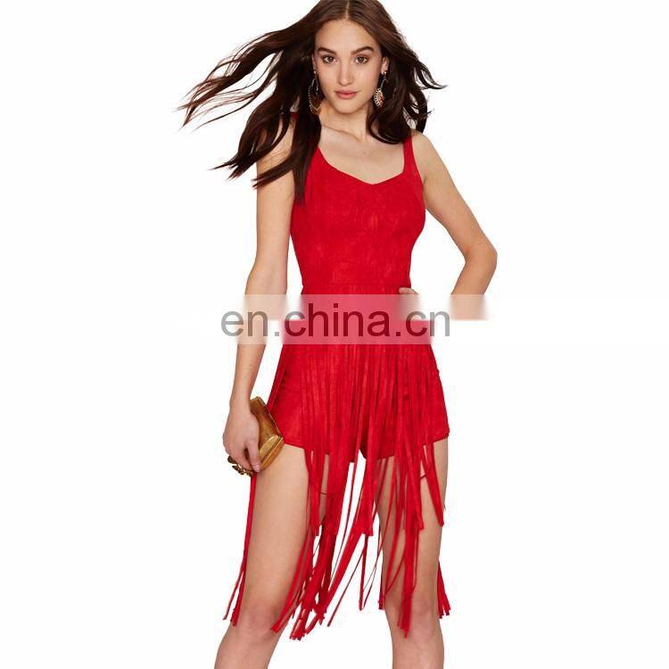2016 V-neckline Adjustable Shoulder Straps Red Fringes Romper Sleeveless Bodycon Ladies Jumpsuit