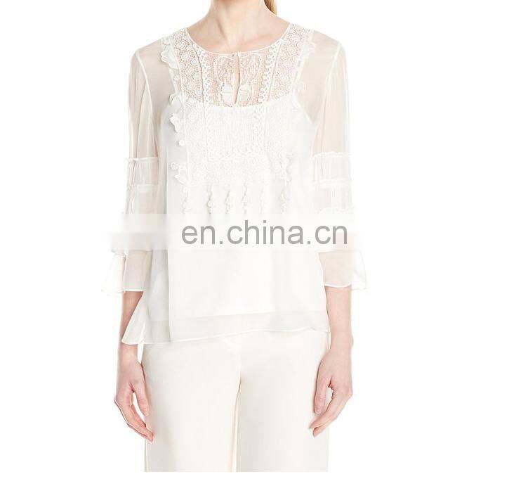 Cheap fashion high quality scoop neck chiffon ladieslong sleeve shirt wholesale