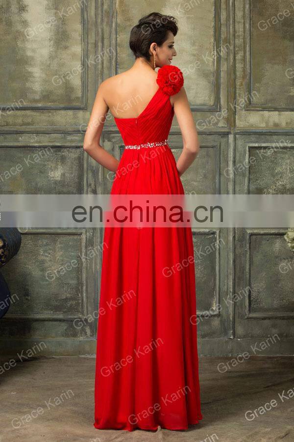 One Shoulder Flower Red Long Grace Karin Chiffon Bridesmaid Dress CL4411