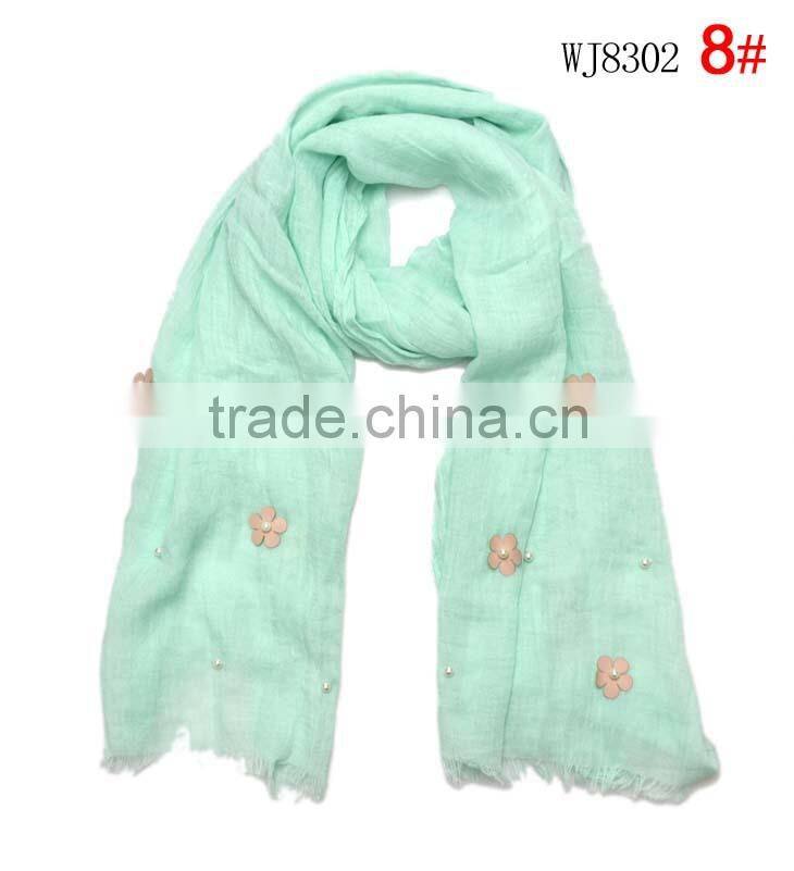 2015 Autumn Winter Newest Small Flower Applique Pearl Beads Fixed Soft Cotton Baby Girl Scarf