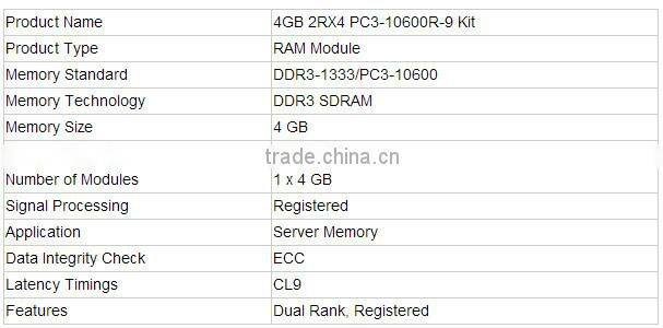 500658-B214GB 1x4GB PC3-10600 Registered CAS 9 Dual Rank x 4 DRAM Memory Kit