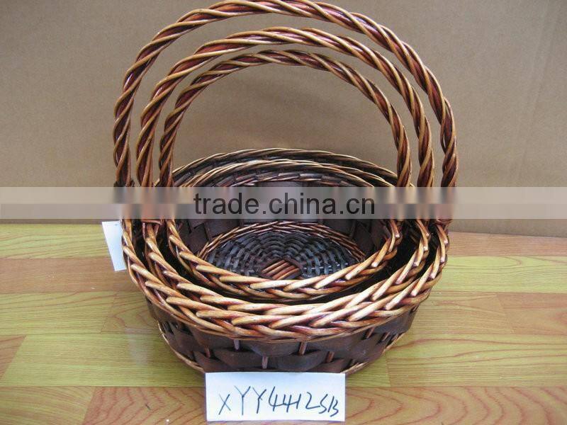 cheap brown 3 pcs round willow wicker baskets for flower with handle