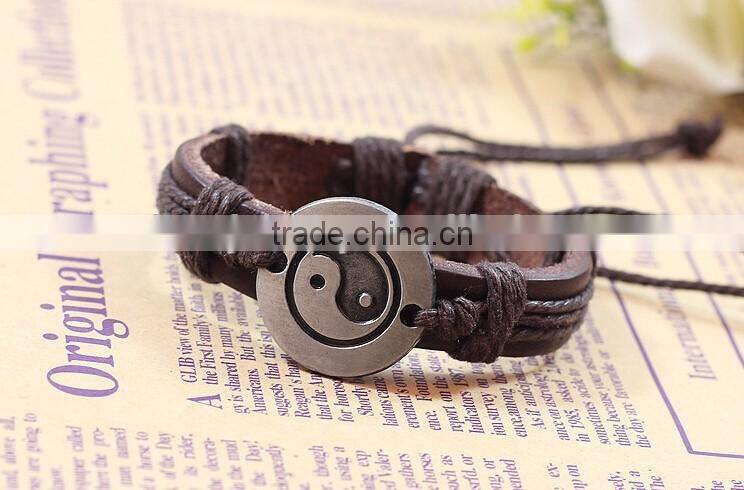 TaiChi Bracelet Genuine Leather bracelet With Engraved Alloy Charm