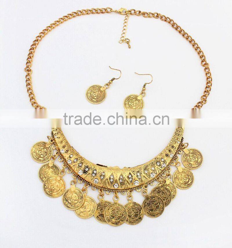 Made in China online wholesale European and American Vintage Gold Silver Coin Statement Chain Hoop Earrings Necklace Jewelry Set
